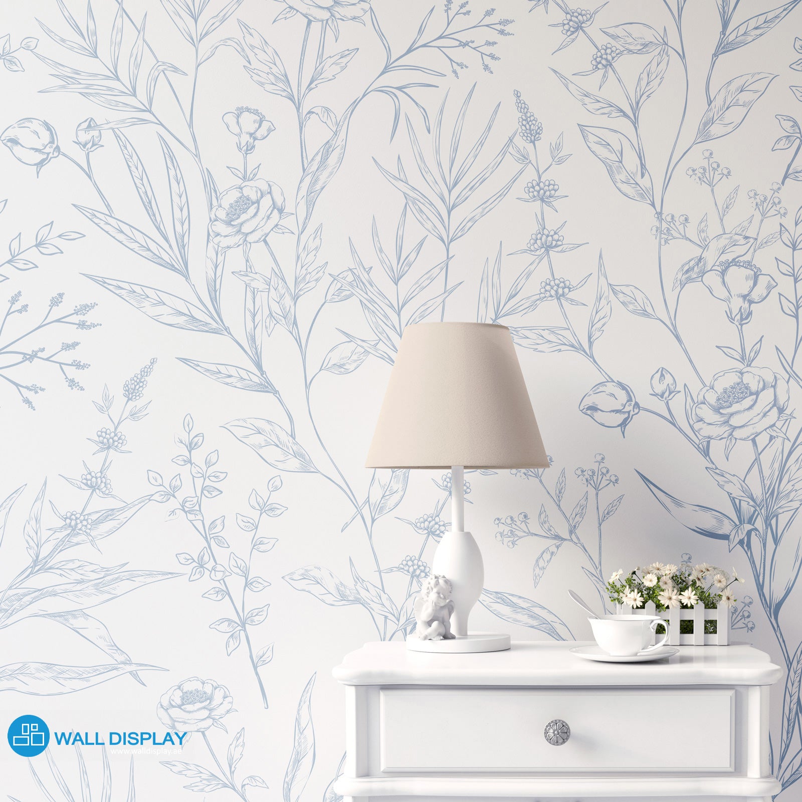 English Rose floral wallpaper with delicate hand-drawn roses, leaves, and botanical line art on a light background for elegant bedroom and nursery walls.
