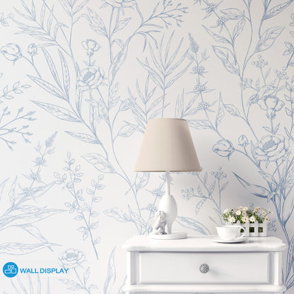 English Rose floral wallpaper with delicate hand-drawn roses, leaves, and botanical line art on a light background for elegant bedroom and nursery walls.