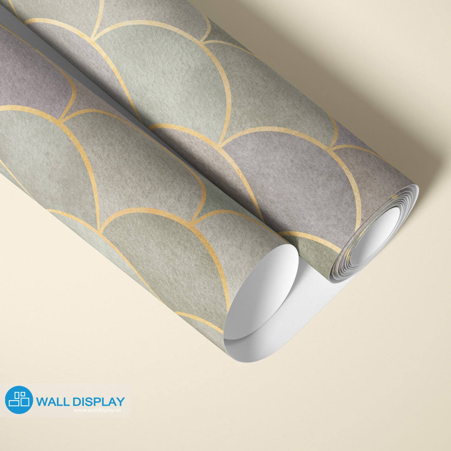 Geometric Harmony IV pattern wallpaper with gold scallop lines, soft sage, grey, and mauve textured tones for luxury living rooms and powder rooms.
