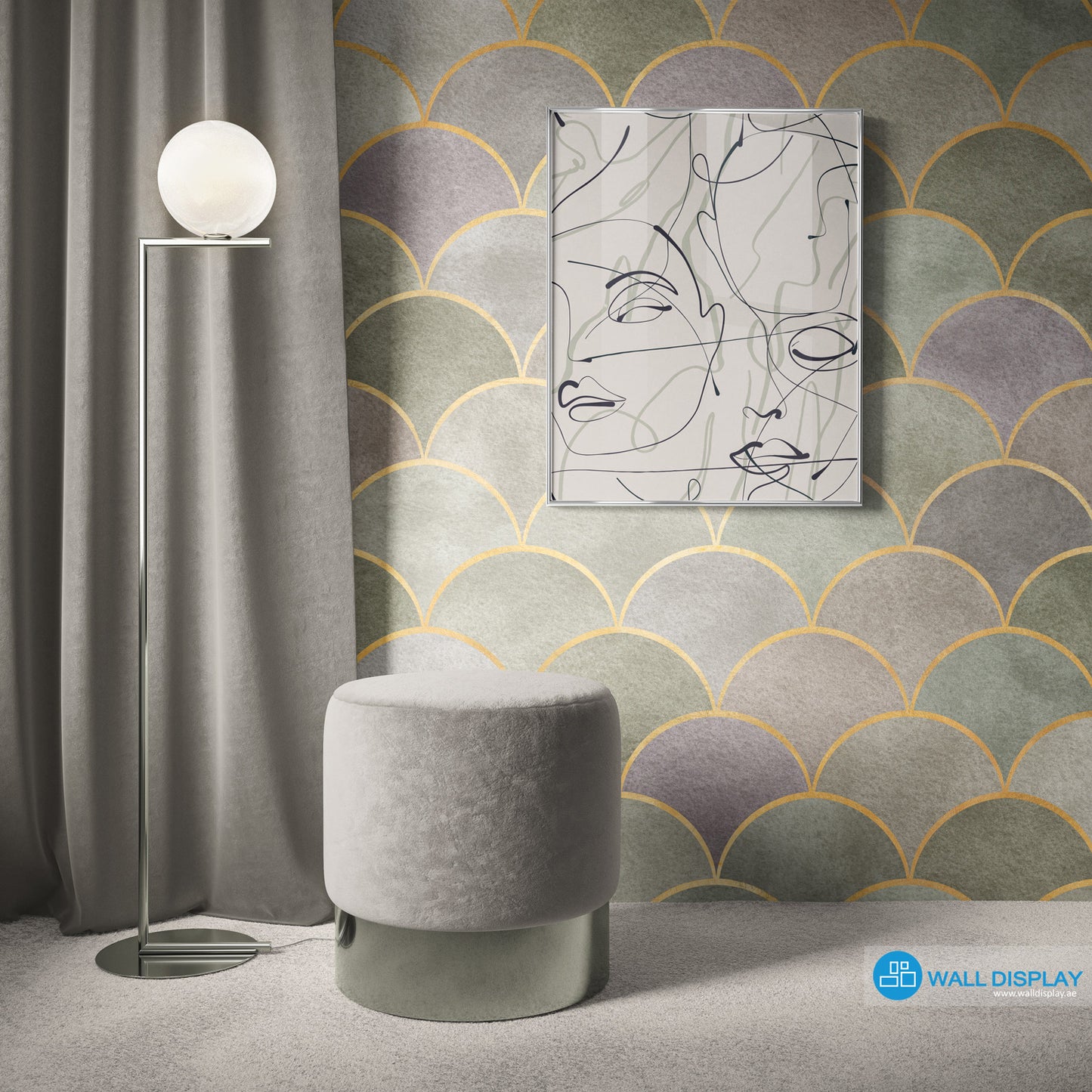 Geometric Harmony IV pattern wallpaper with gold scallop lines, soft sage, grey, and mauve textured tones for luxury living rooms and powder rooms.