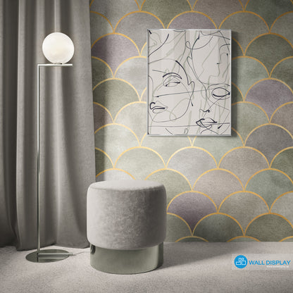 Geometric Harmony IV pattern wallpaper with gold scallop lines, soft sage, grey, and mauve textured tones for luxury living rooms and powder rooms.