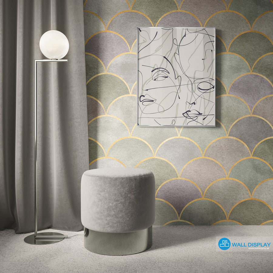 Geometric Harmony IV pattern wallpaper with gold scallop lines, soft sage, grey, and mauve textured tones for luxury living rooms and powder rooms.