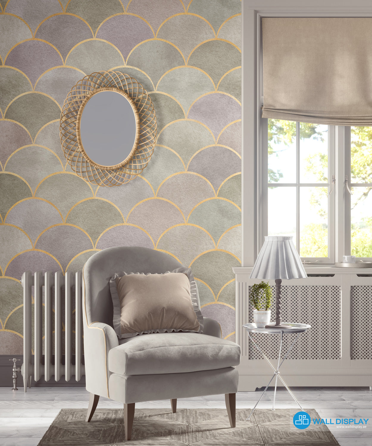 Geometric Harmony IV pattern wallpaper with gold scallop lines, soft sage, grey, and mauve textured tones for luxury living rooms and powder rooms.