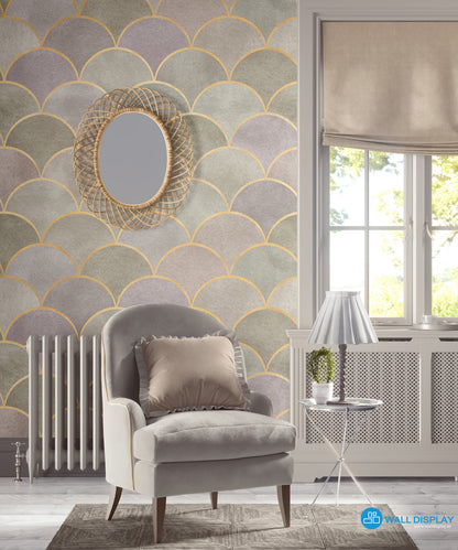 Geometric Harmony IV pattern wallpaper with gold scallop lines, soft sage, grey, and mauve textured tones for luxury living rooms and powder rooms.