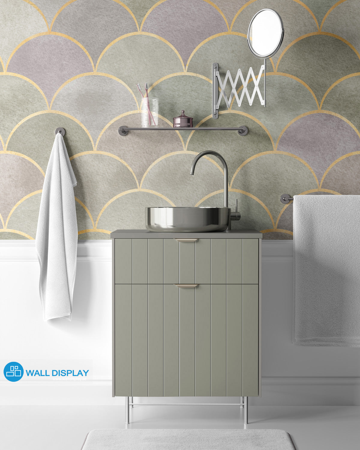 Geometric Harmony IV pattern wallpaper with gold scallop lines, soft sage, grey, and mauve textured tones for luxury living rooms and powder rooms.
