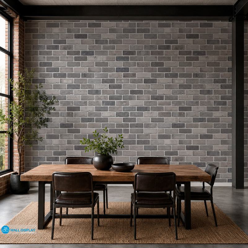 Realistic grey brick wall pattern wallpaper with light grey, taupe and charcoal bricks