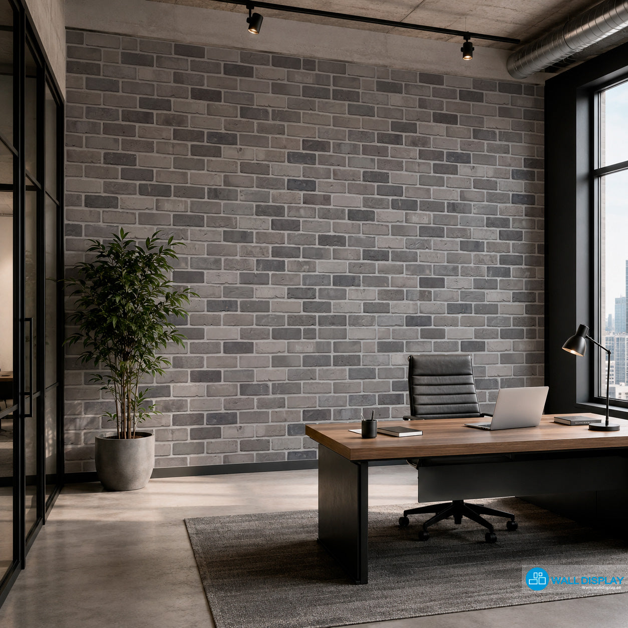 Realistic grey brick wall pattern wallpaper with light grey, taupe and charcoal bricks