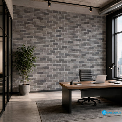 Realistic grey brick wall pattern wallpaper with light grey, taupe and charcoal bricks