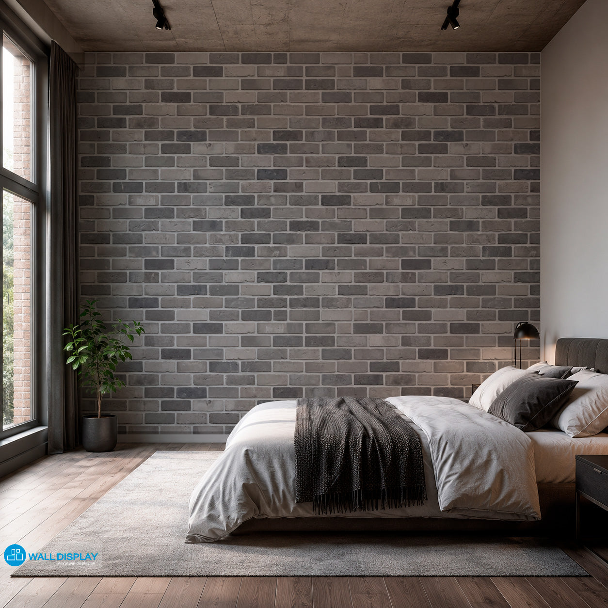 Realistic grey brick wall pattern wallpaper with light grey, taupe and charcoal bricks