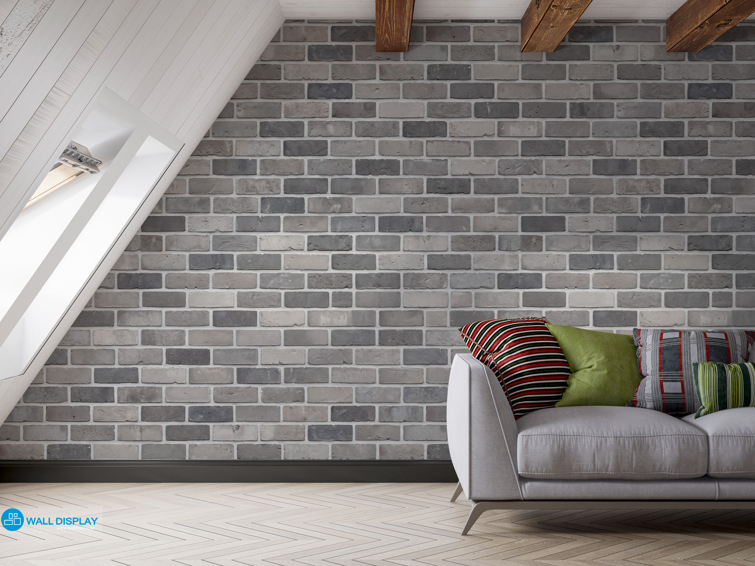 Realistic grey brick wall pattern wallpaper with light grey, taupe and charcoal bricks