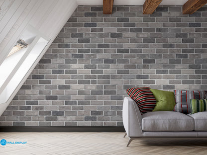 Realistic grey brick wall pattern wallpaper with light grey, taupe and charcoal bricks