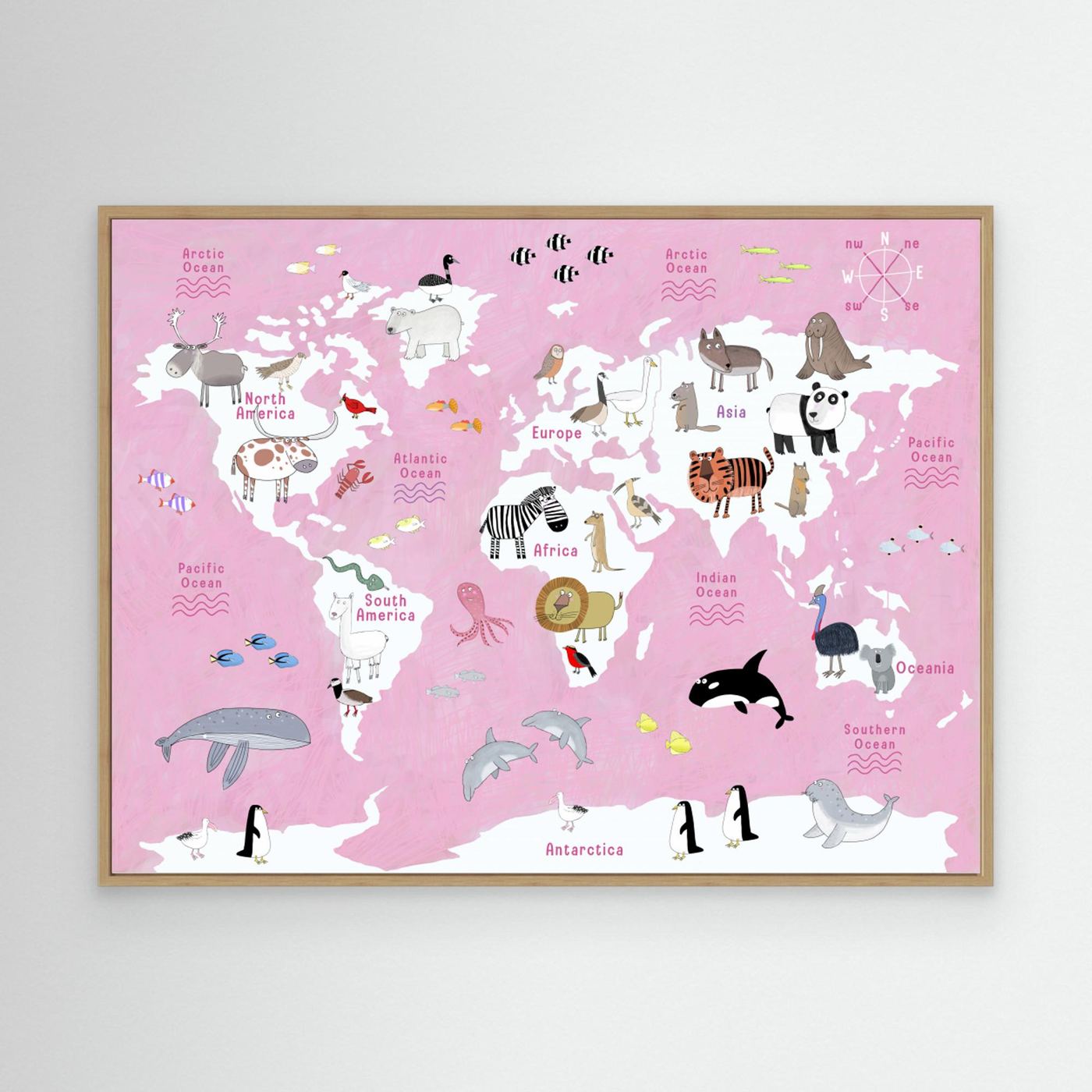 Cute Animals World Map pink by Carla Daly