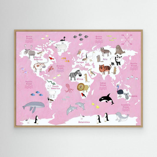 Cute Animals World Map pink by Carla Daly