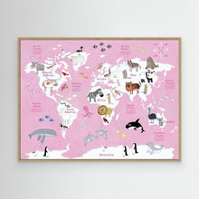 Load image into Gallery viewer, Cute Animals World Map pink by Carla Daly