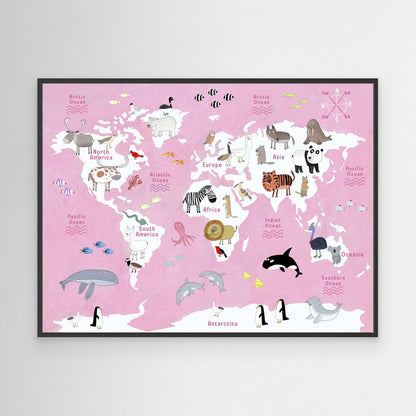 Cute Animals World Map pink by Carla Daly