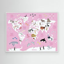 Load image into Gallery viewer, Cute Animals World Map pink by Carla Daly