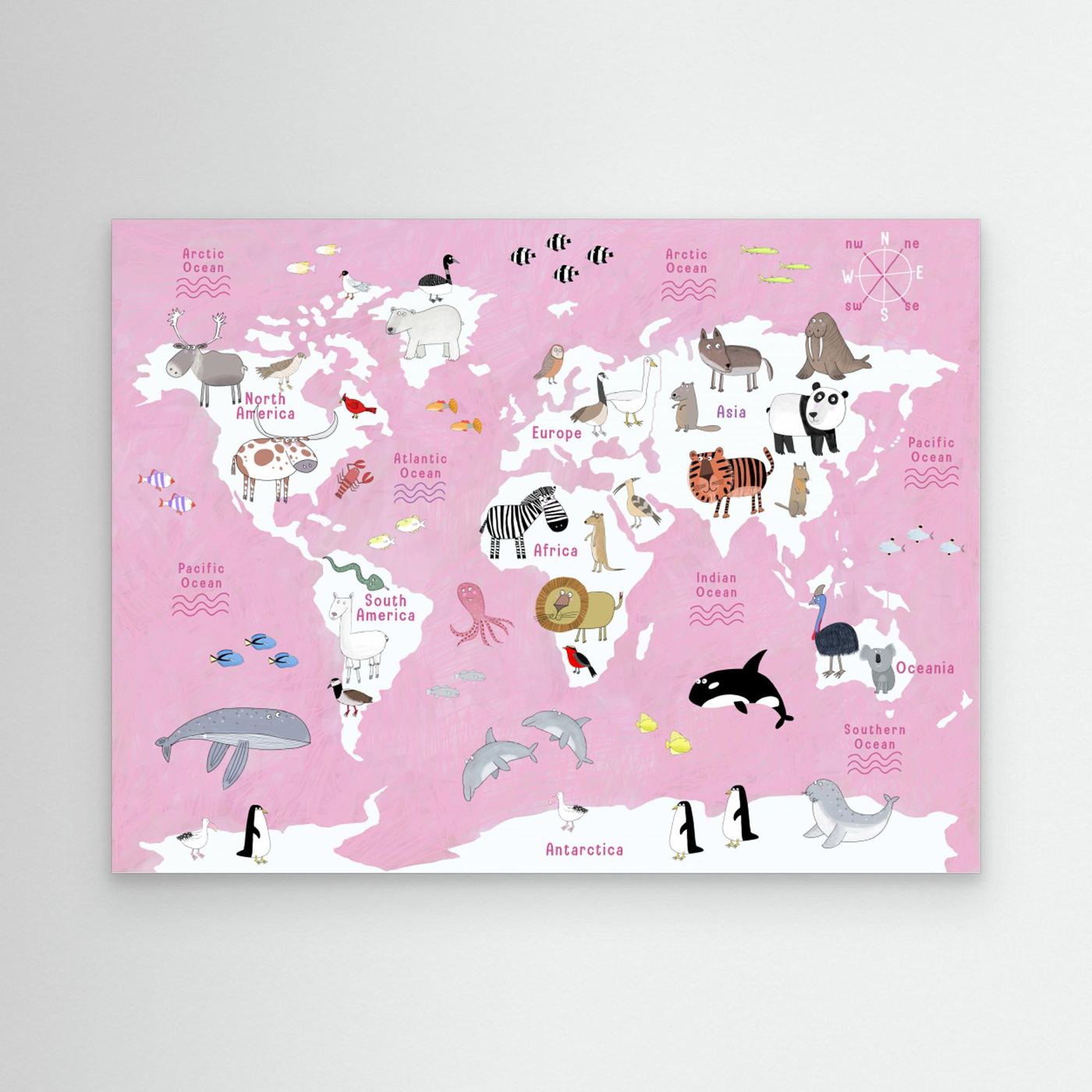 Cute Animals World Map pink by Carla Daly