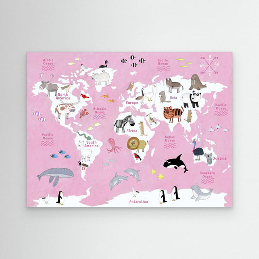 Cute Animals World Map pink by Carla Daly