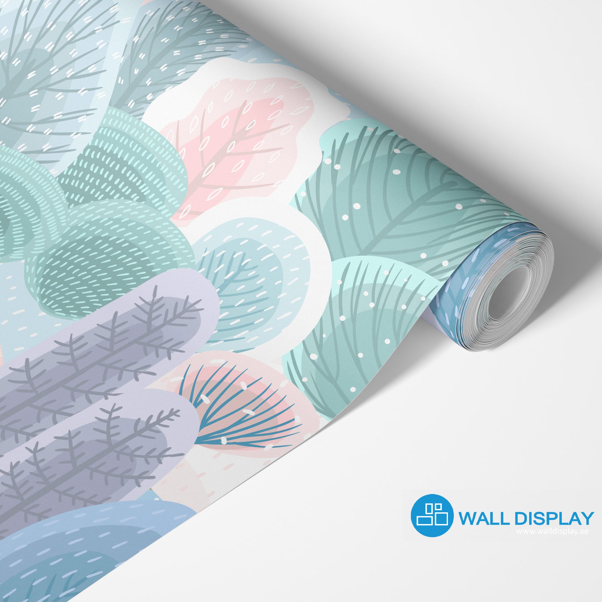 Pastel forest kids wallpaper with illustrated trees in soft blue, mint, blush pink, and lavender tones for nursery and playroom walls.