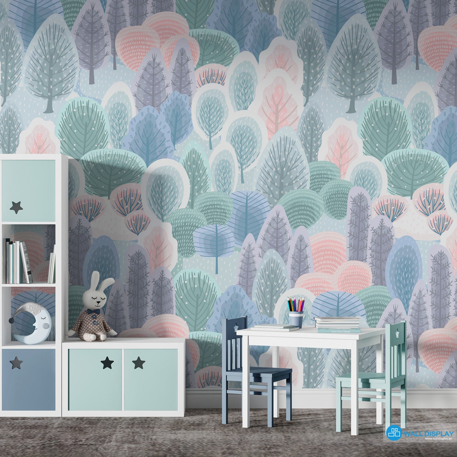Pastel forest kids wallpaper with illustrated trees in soft blue, mint, blush pink, and lavender tones for nursery and playroom walls.