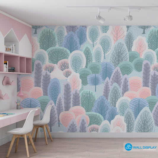 Pastel forest kids wallpaper with illustrated trees in soft blue, mint, blush pink, and lavender tones for nursery and playroom walls.