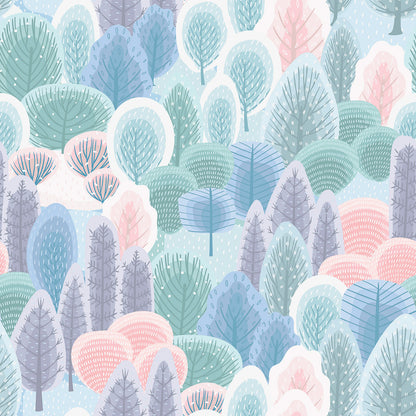 Pastel forest kids wallpaper with illustrated trees in soft blue, mint, blush pink, and lavender tones for nursery and playroom walls.