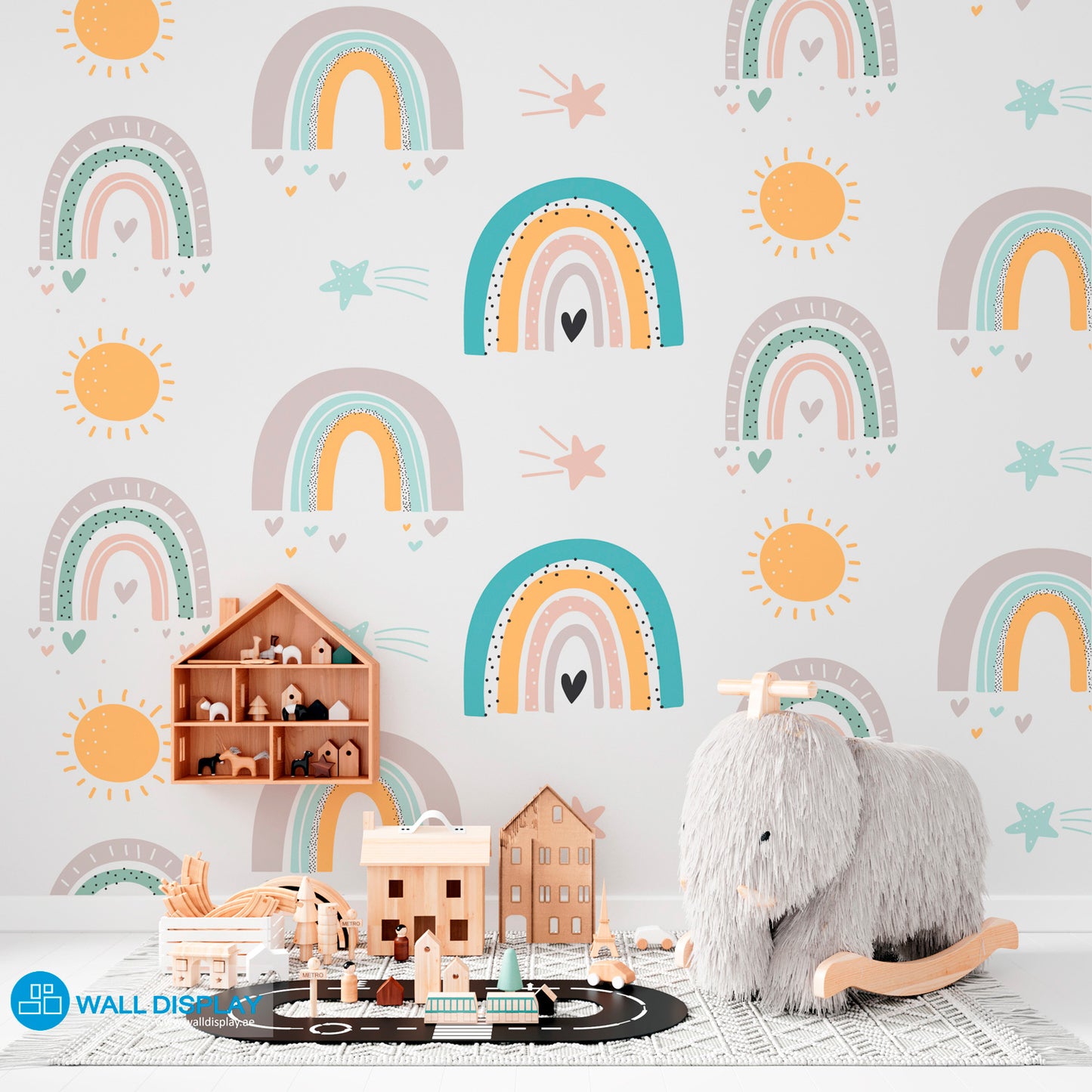 Pastel rainbow kids wallpaper with suns, stars, hearts, and playful hand-drawn details for nursery rooms, playrooms, and children’s bedrooms.