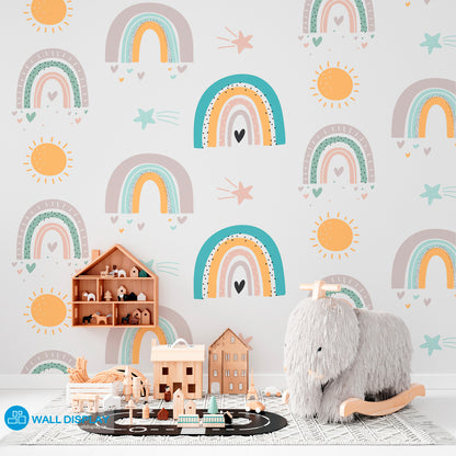 Pastel rainbow kids wallpaper with suns, stars, hearts, and playful hand-drawn details for nursery rooms, playrooms, and children’s bedrooms.