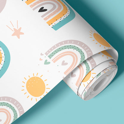Pastel rainbow kids wallpaper with suns, stars, hearts, and playful hand-drawn details for nursery rooms, playrooms, and children’s bedrooms.