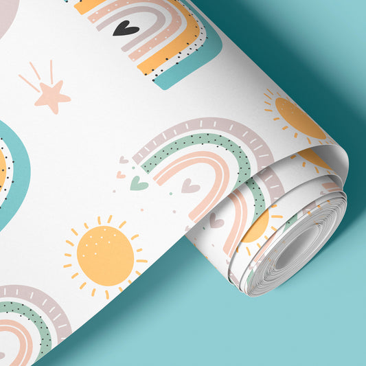 Pastel rainbow kids wallpaper with suns, stars, hearts, and playful hand-drawn details for nursery rooms, playrooms, and children’s bedrooms.