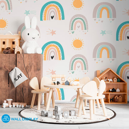 Pastel rainbow kids wallpaper with suns, stars, hearts, and playful hand-drawn details for nursery rooms, playrooms, and children’s bedrooms.