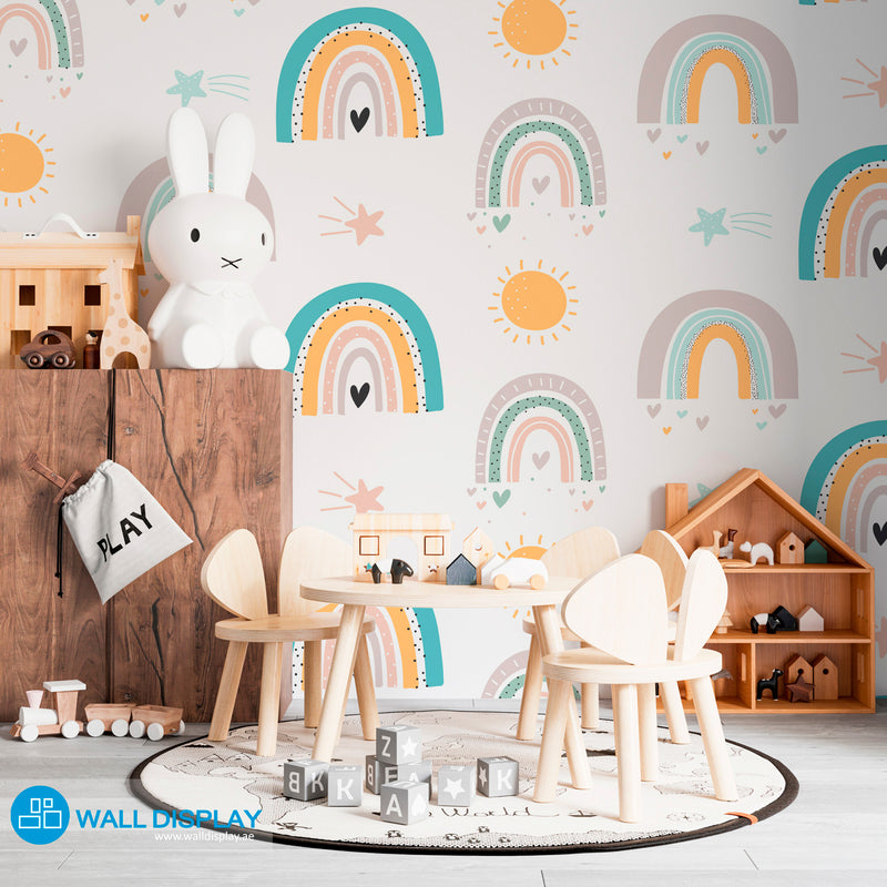 Pastel rainbow kids wallpaper with suns, stars, hearts, and playful hand-drawn details for nursery rooms, playrooms, and children’s bedrooms.