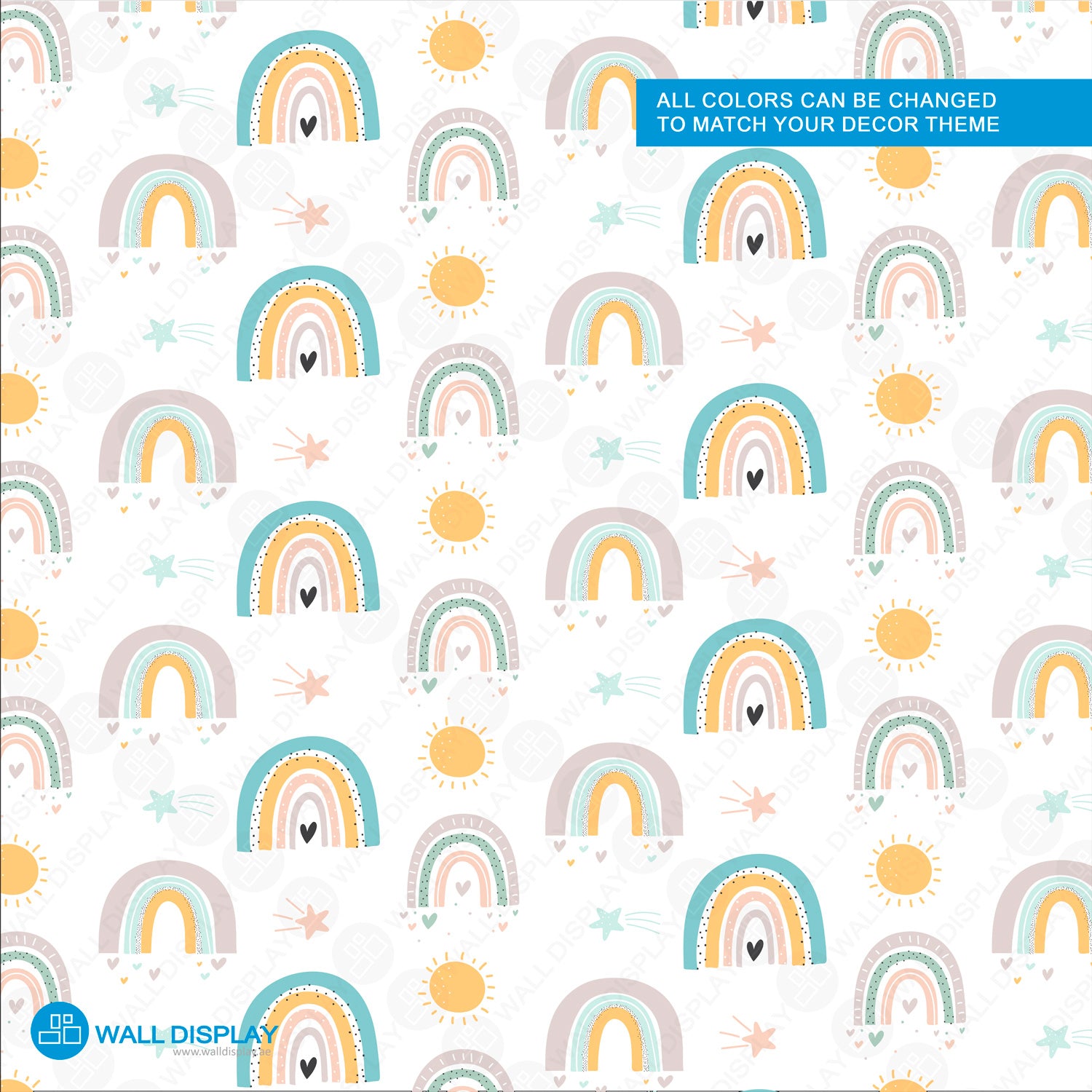 Pastel rainbow kids wallpaper with suns, stars, hearts, and playful hand-drawn details for nursery rooms, playrooms, and children’s bedrooms.