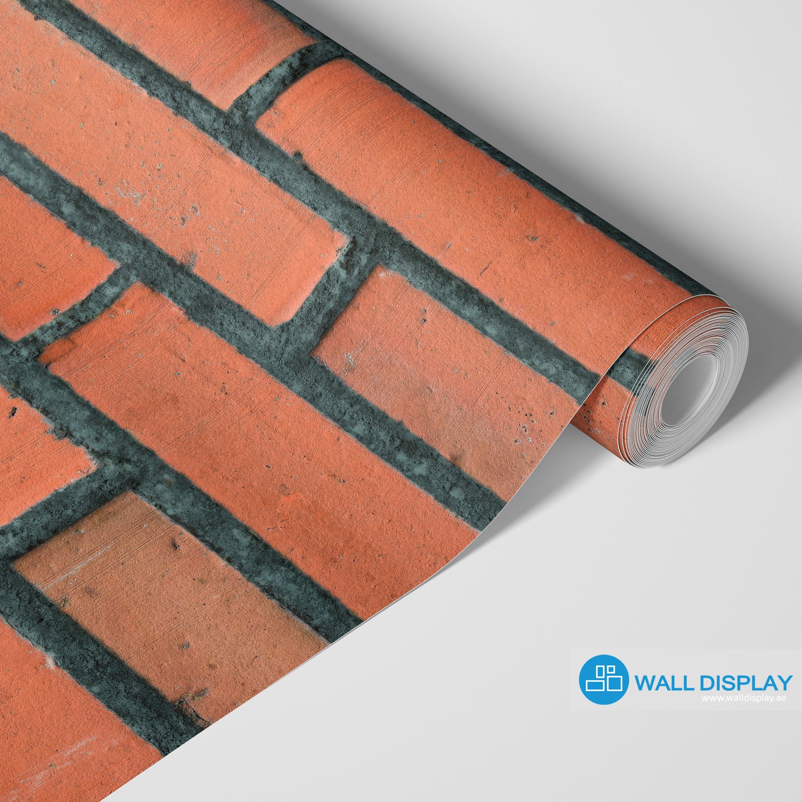 Red brick wall pattern wallpaper with realistic textured bricks and dark mortar lines for industrial interiors, cafés, offices, and feature walls.