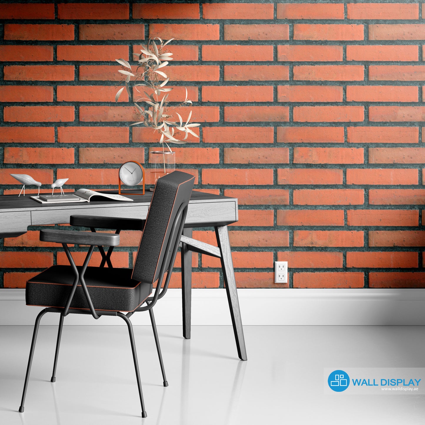 Red brick wall pattern wallpaper with realistic textured bricks and dark mortar lines for industrial interiors, cafés, offices, and feature walls.