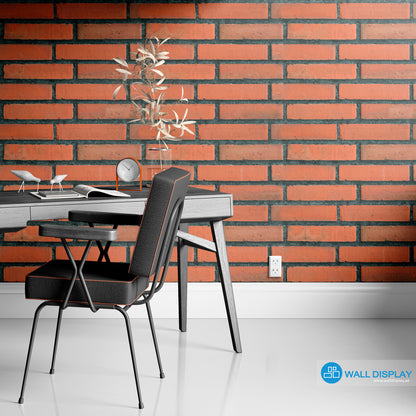 Red brick wall pattern wallpaper with realistic textured bricks and dark mortar lines for industrial interiors, cafés, offices, and feature walls.
