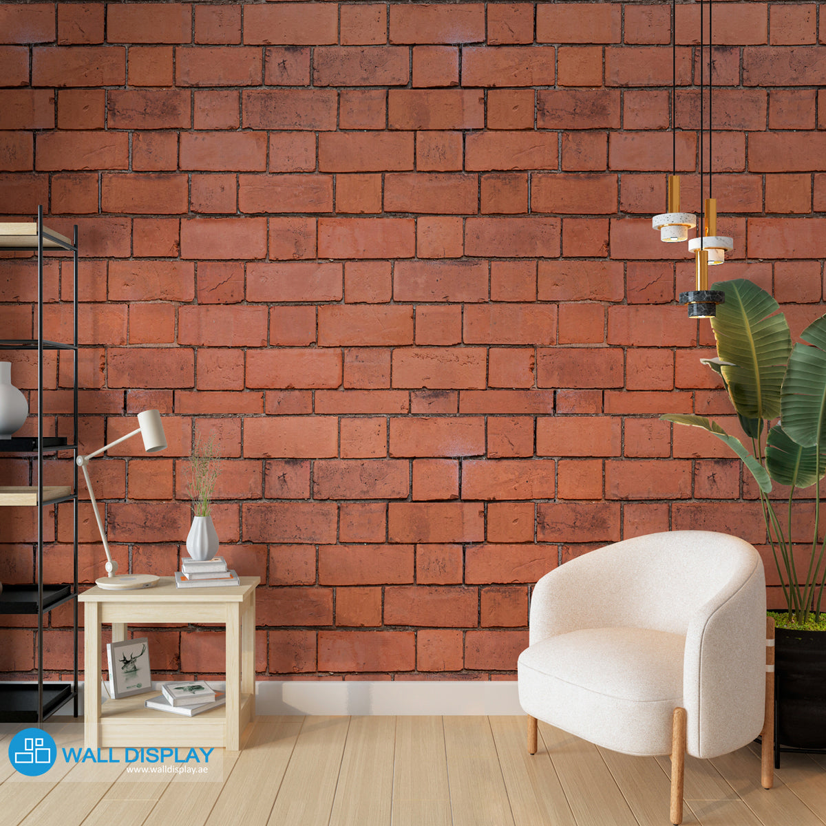 Red bricks wall pattern wallpaper with realistic exposed brick texture for kitchen, dining room, café, bathroom, and industrial feature wall interiors.
