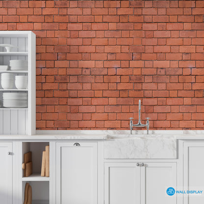 Red bricks wall pattern wallpaper with realistic exposed brick texture for kitchen, dining room, café, bathroom, and industrial feature wall interiors.