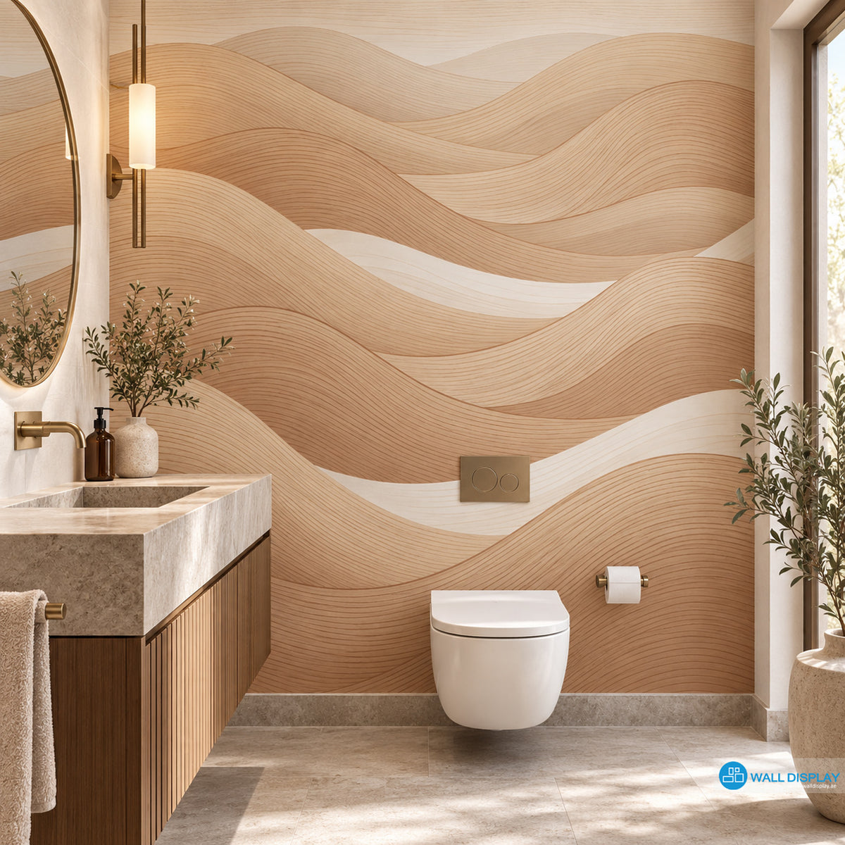 Sculpted Sand Dunes abstract beige wallpaper with flowing layered lines and warm neutral tones for modern interiors in Dubai UAE