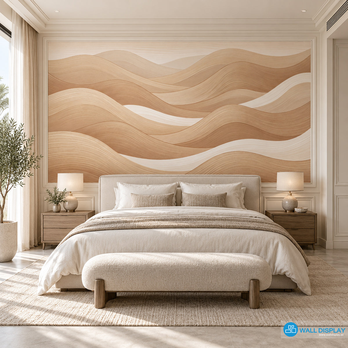 Sculpted Sand Dunes abstract beige wallpaper with flowing layered lines and warm neutral tones for modern interiors in Dubai UAE