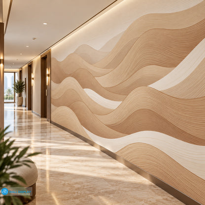 Sculpted Sand Dunes abstract beige wallpaper with flowing layered lines and warm neutral tones for modern interiors in Dubai UAE