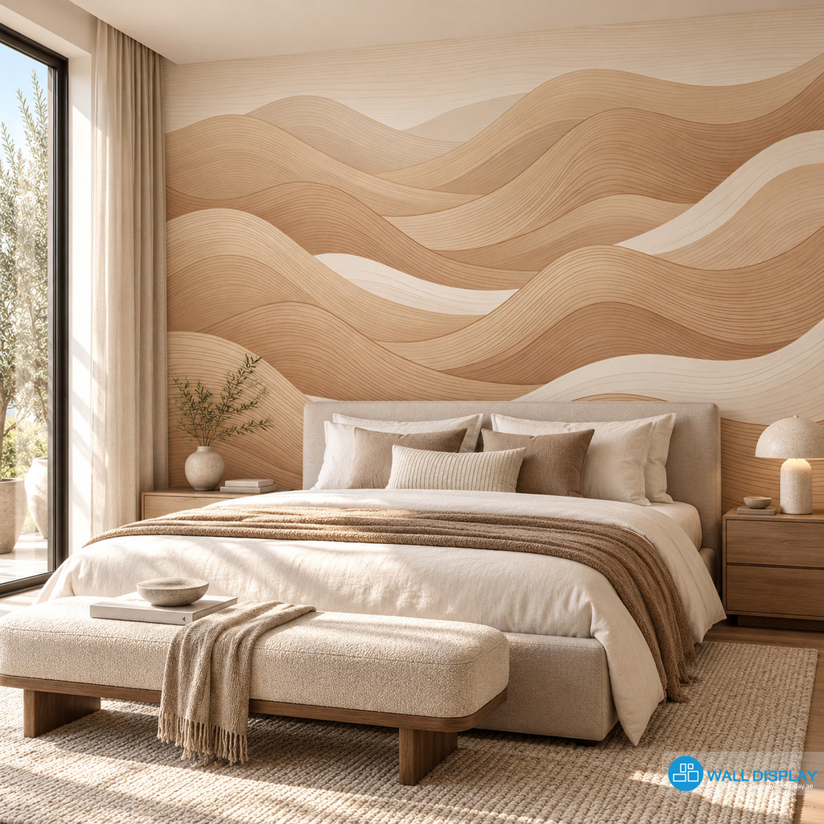 Sculpted Sand Dunes abstract beige wallpaper with flowing layered lines and warm neutral tones for modern interiors in Dubai UAE