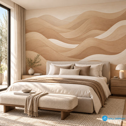 Sculpted Sand Dunes abstract beige wallpaper with flowing layered lines and warm neutral tones for modern interiors in Dubai UAE