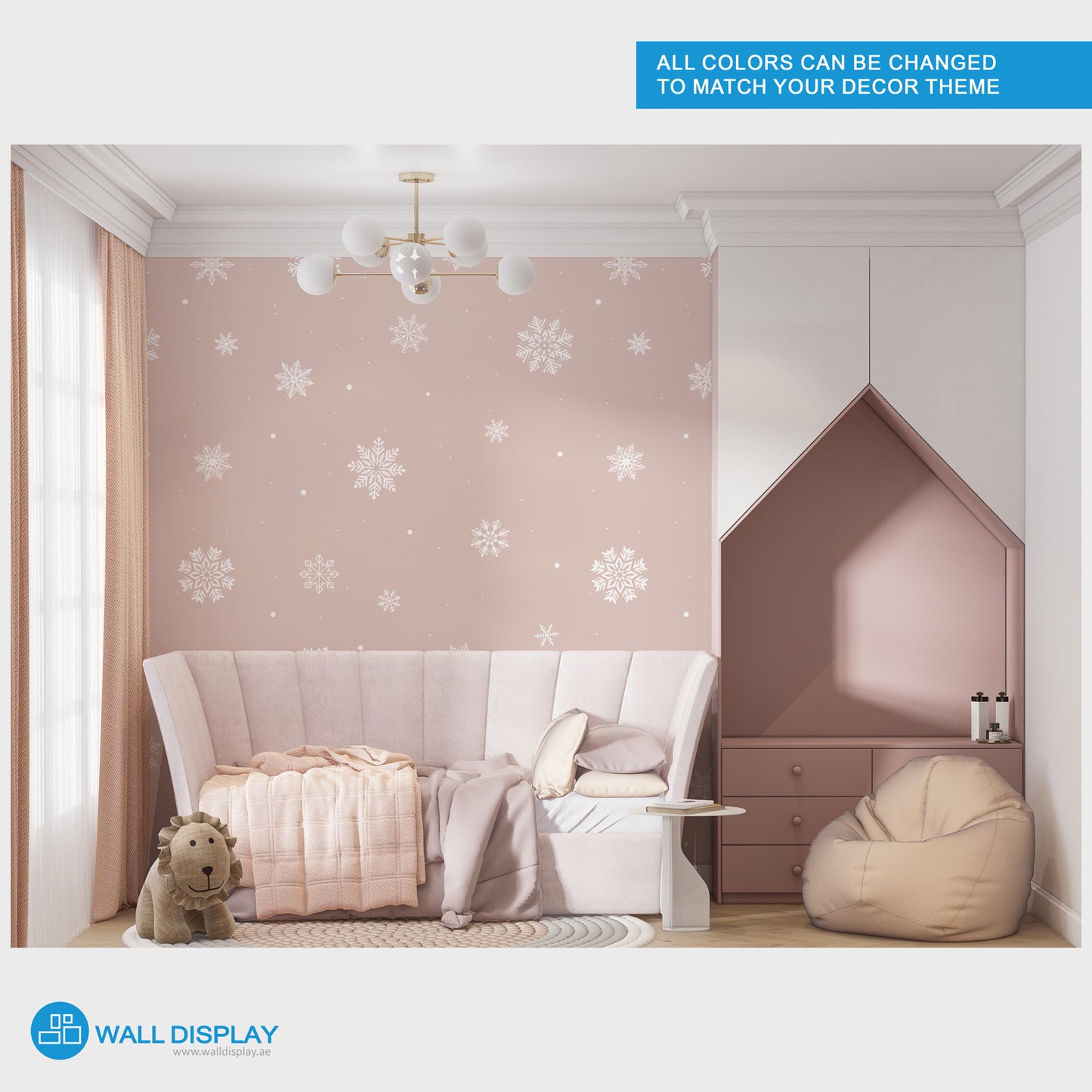 Snowflakes kids wallpaper with white snowflake patterns on a pastel blue background for nursery, baby room, and playroom walls.