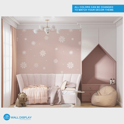 Snowflakes kids wallpaper with white snowflake patterns on a pastel blue background for nursery, baby room, and playroom walls.
