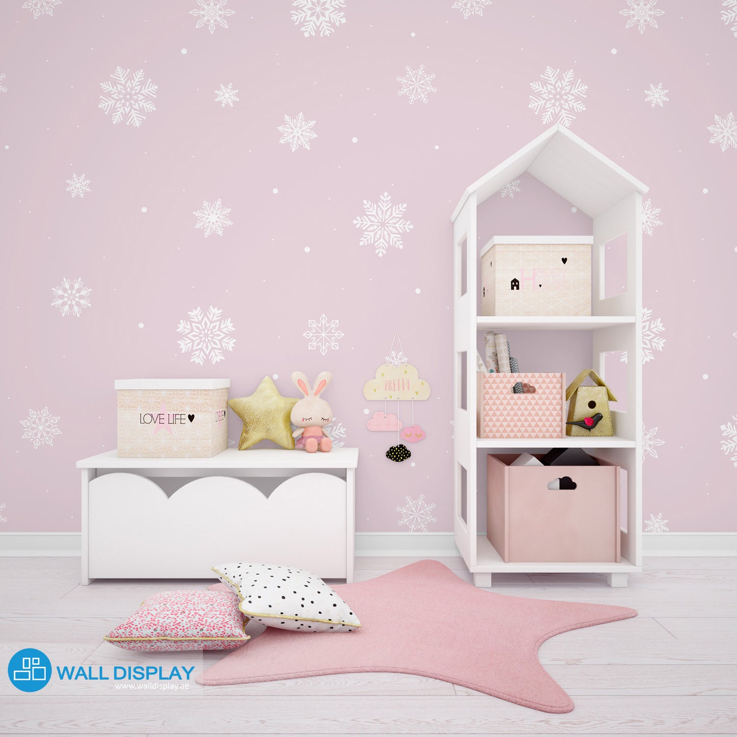 Snowflakes kids wallpaper with white snowflake patterns on a pastel blue background for nursery, baby room, and playroom walls.