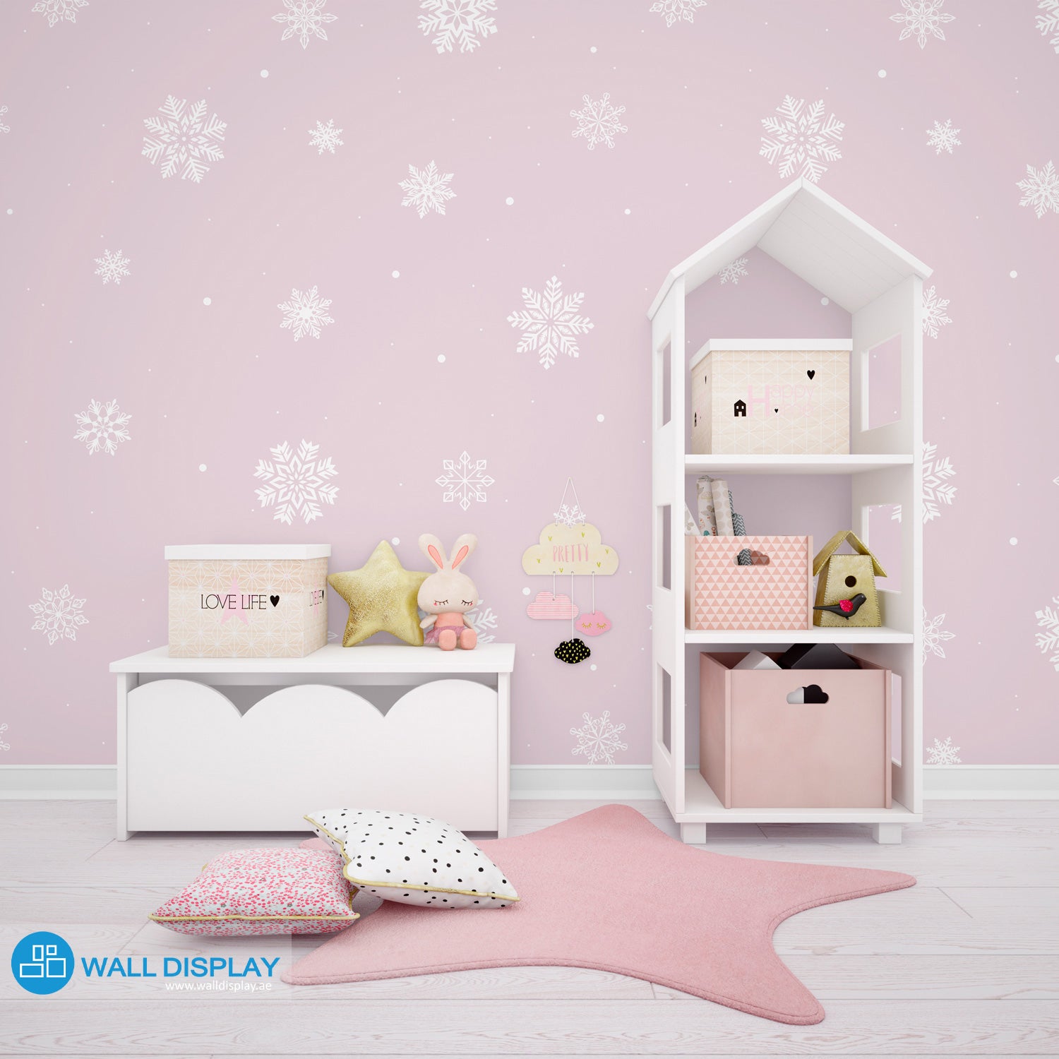 Snowflakes kids wallpaper with white snowflake patterns on a pastel blue background for nursery, baby room, and playroom walls.