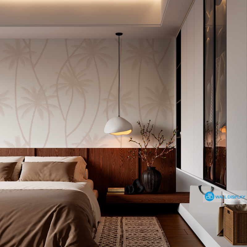 Swaying palms pattern wallpaper with soft tropical palm tree silhouettes for bedroom, bathroom, living room, and feature wall interiors.