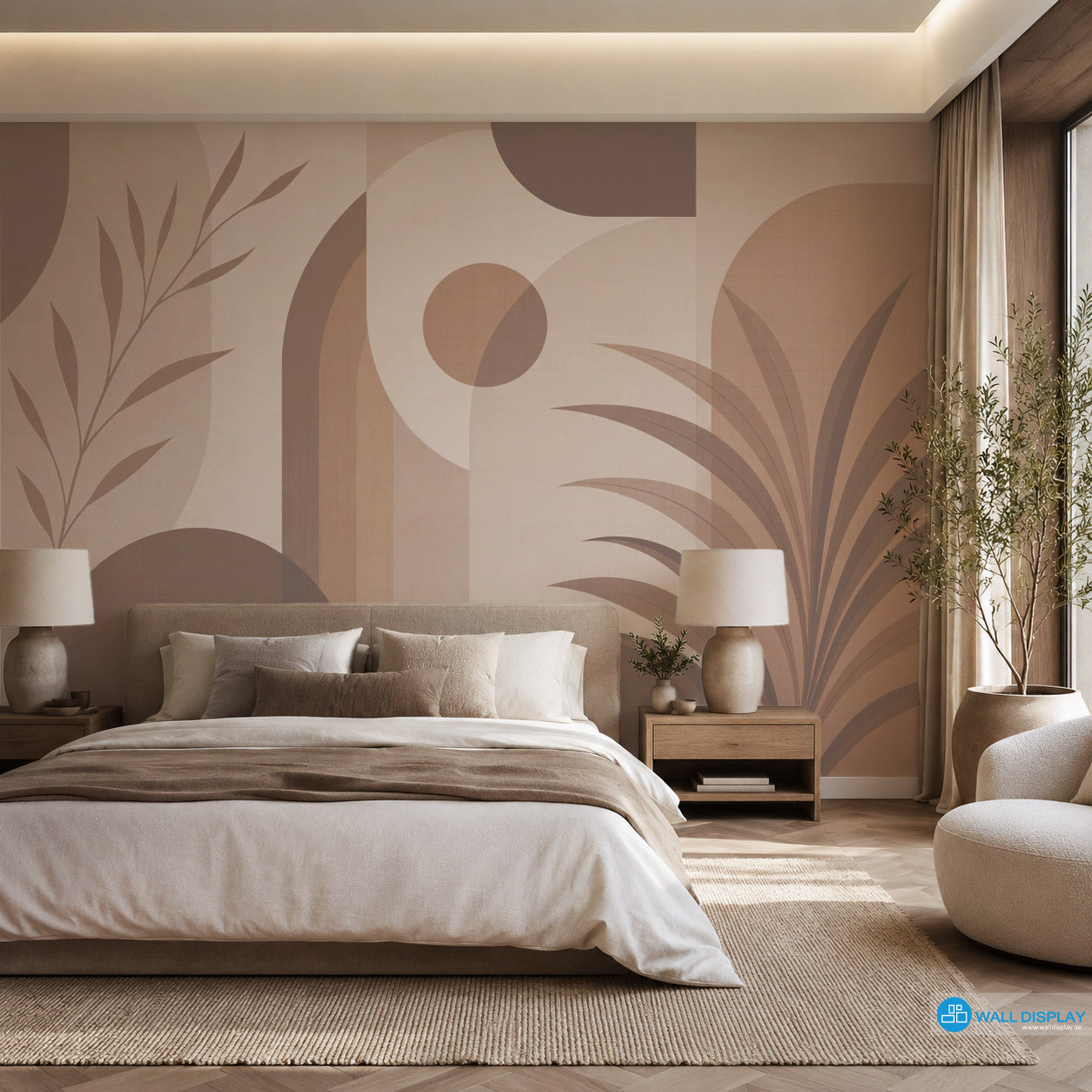 Terra Arches botanical wall mural installed behind a modern neutral bedroom