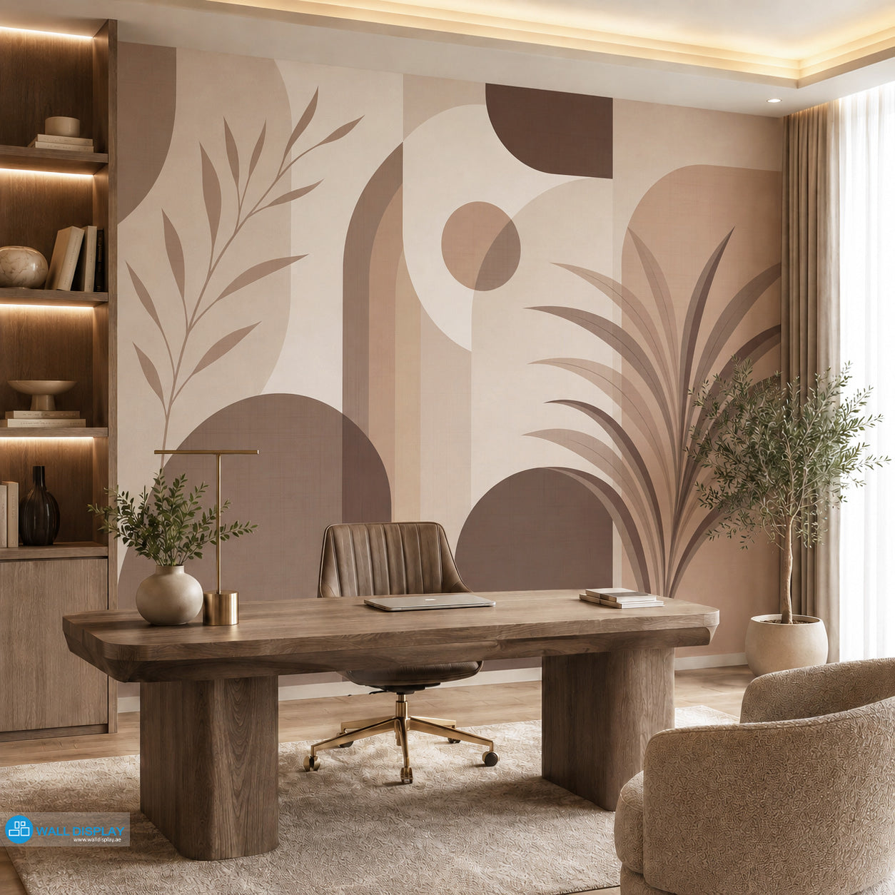 Neutral geometric botanical wallpaper mural in a contemporary home office